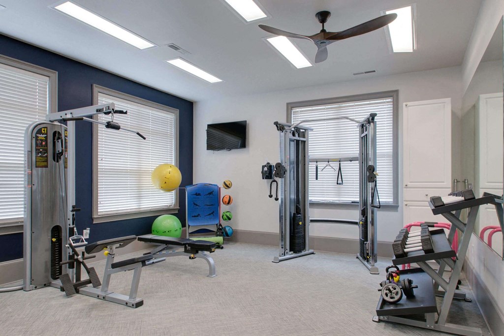 a home gym with exercise equipment and a ceiling fan  at ReNew Glenmoore, Glenmoore, PA