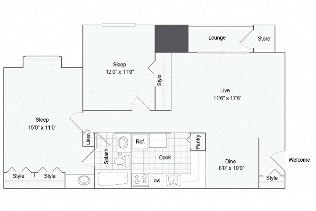 a floor plan of a 1 bedroom apartment at ReNew Odenton, Maryland
