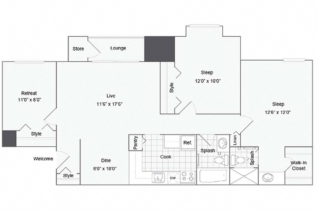 a floor plan of a 1 bedroom apartment at ReNew Odenton, Odenton, Maryland