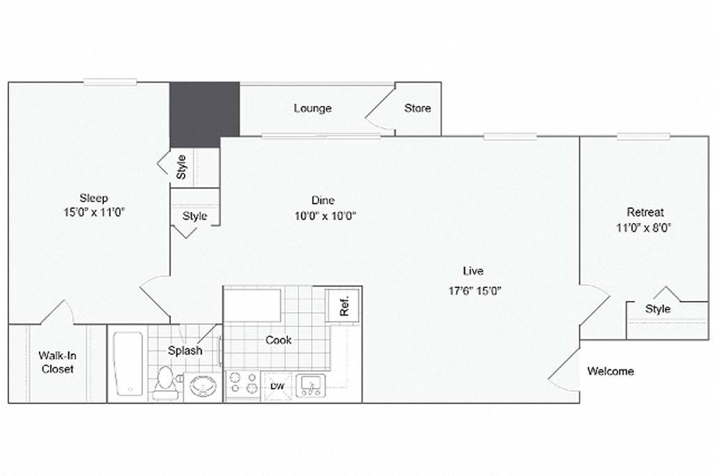 a floor plan of a 1 bedroom apartment at ReNew Odenton, Odenton