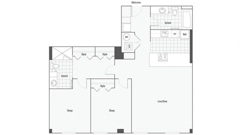 2 bed 2 bath floor plan at The Rowe, Grand Rapids, Michigan