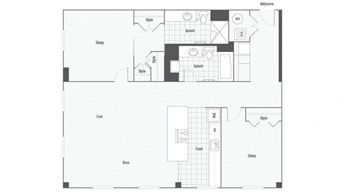 2 bed 2 bath floor plan E at The Rowe, Grand Rapids