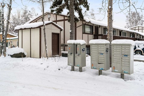three mailboxes in the snow in front of a house  at ReNew End Street, Eagle River, AK, 99577