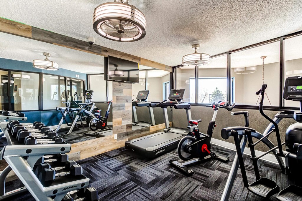 a gym with cardio machines and other exercise equipment  at ReNew at Neill Lake, Eden Prairie, 55344