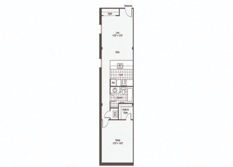 1 bed 1 bath floor plan at Rocket Transfer Lofts, Des Moines, IA