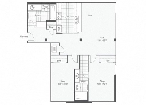 2 bed 2bath floor plan at Rocket Transfer Lofts, Des Moines, IA, 50309