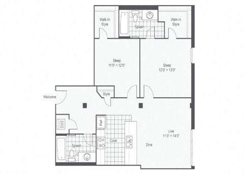 1 bed 1 bath floor plan E at Rocket Transfer Lofts, Iowa, 50309