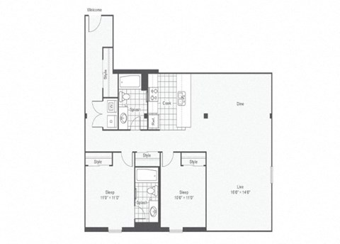 2 bed 2bath floor plan C at Rocket Transfer Lofts, Des Moines, Iowa