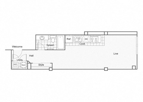 A floor plan of a house with labeled rooms such as Welcome, Splash, and Cook.