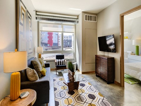 a living room with a couch and a television     and a bedroom