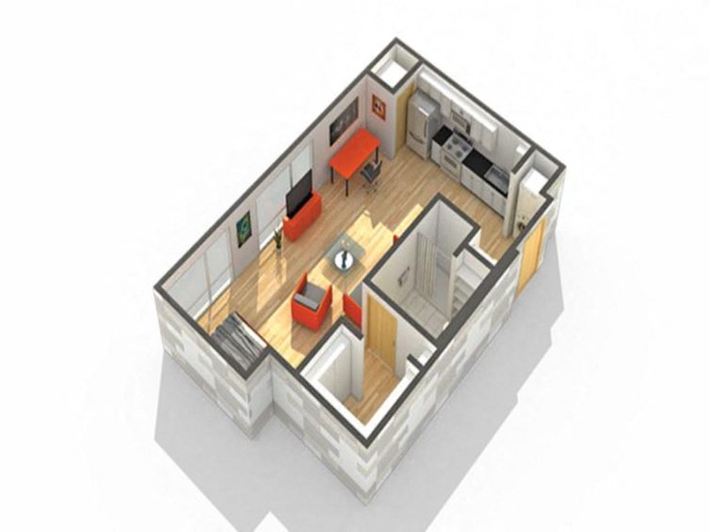 the above floor plan of a small apartment is shown with red furniture
