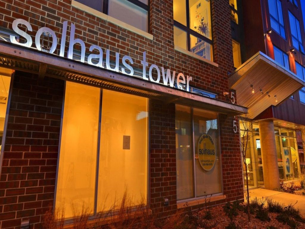 a building with a sign on the front of it