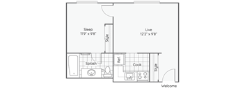 a floor plan of a bedroom apartment at Maurice Dear Apartments, Portland Oregon