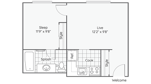a floor plan of a bedroom apartment at Maurice Dear Apartments, Portland Oregon