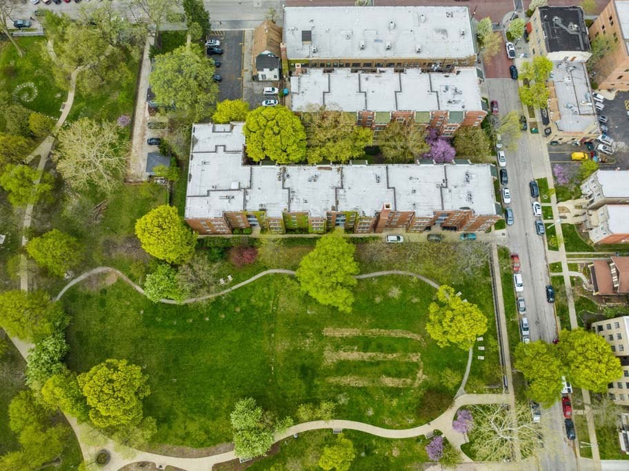 an aerial view of a neighborhood with houses and trees at The Bryant at Oak Park I & II, Oak Park Illinois