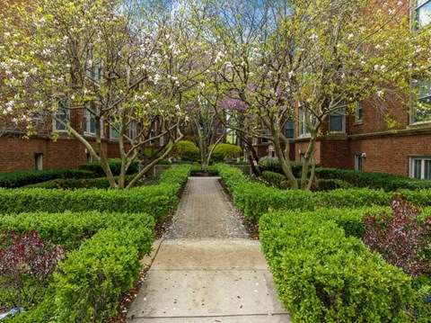 a sidewalk in front of a building with trees and hedges at The Bryant at Oak Park I & II, Oak Park, IL 60302