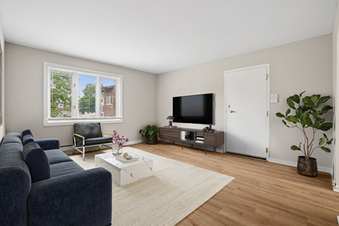 A living room with a blue couch and a television.