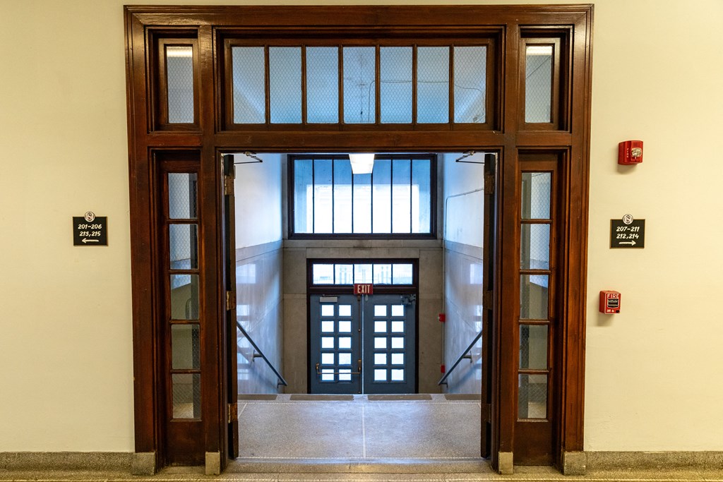 a view of the entrance to a building from the lobby