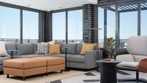 A living room with a grey couch, a brown ottoman, and a black table with a plant on it.
