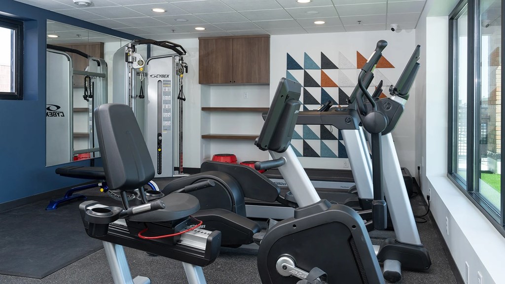 A gym with a row of stationary bikes and a row of treadmills.