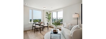 A living room with a couch, a dining table, and a potted plant.