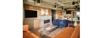 A modern living room with a fireplace and a television.