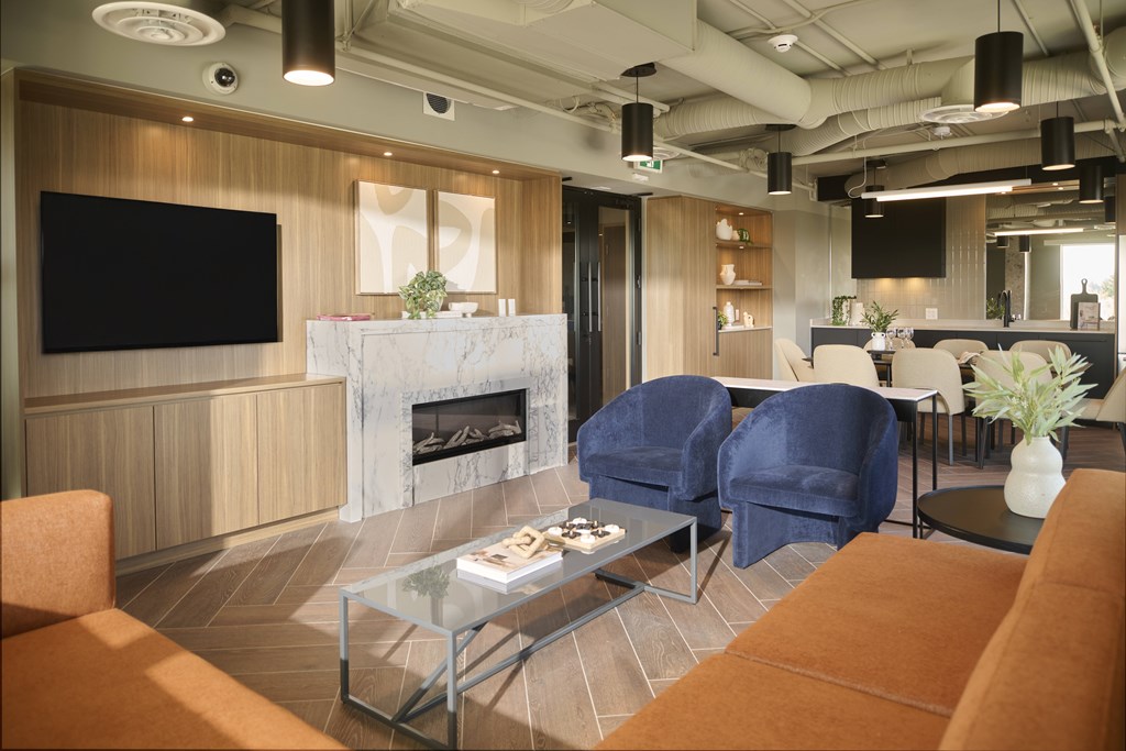 A modern living room with a fireplace and a television.