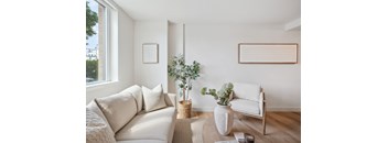 A living room with a white couch, a plant, and a basket on the table.