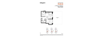 A floor plan for a 2-bedroom and 1-bathroom interior and exterior layout.