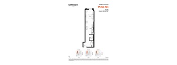A floor plan for a studio apartment with an interior of 625-637 square feet.