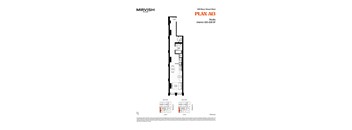 A floor plan for a Mirvish Village building shows the interior of a studio apartment.