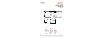 A floor plan for a Mirvish Village apartment shows a living area, a kitchen, a dining room, a bedroom, and a bathroom.