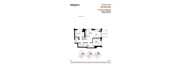 A floor plan for a two-bedroom, one-bathroom apartment with living room, kitchen, and balcony.