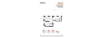A floor plan for a two-bedroom, two-bathroom apartment in Mirvish Village.