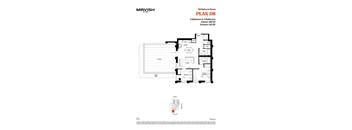 A floor plan for a 2-bedroom and 2-bathroom apartment with a living room, dining room, kitchen, and terrace.