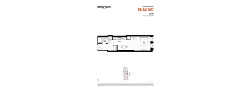 A floor plan for a studio apartment with a kitchen, living room, and bathroom.