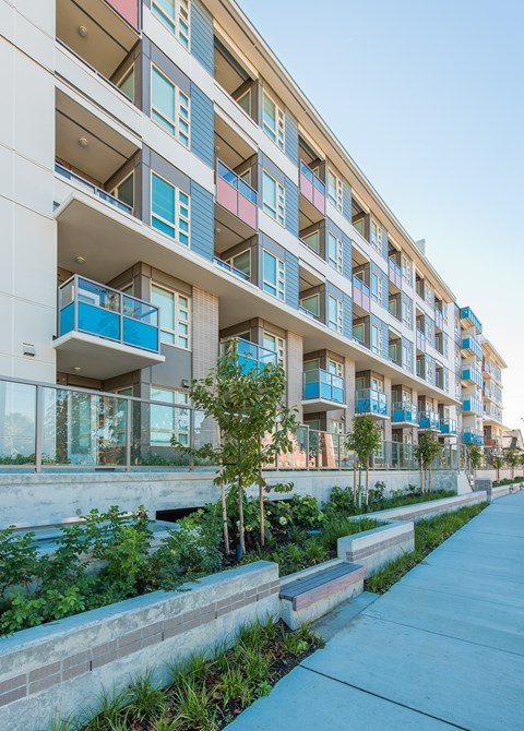 A modern apartment building with balconies and plants in front.