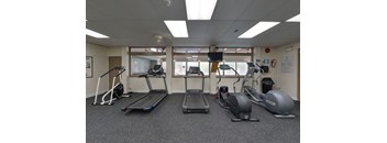 A gym room with treadmills, elliptical machines, and a stationary bike.