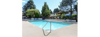 A swimming pool surrounded by trees and a fence.