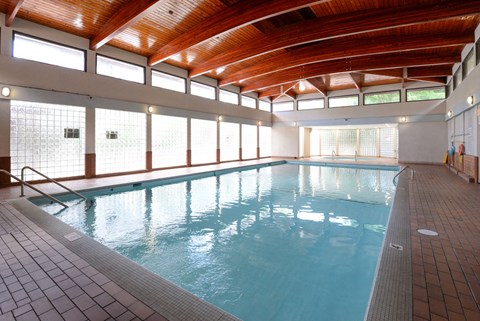 A large indoor swimming pool with a wooden ceiling and tiled floor.