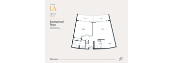 A floor plan for a 1-bedroom apartment at the International Plaza.