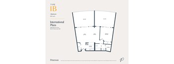 A floor plan for a 1-bedroom apartment at International Plaza.