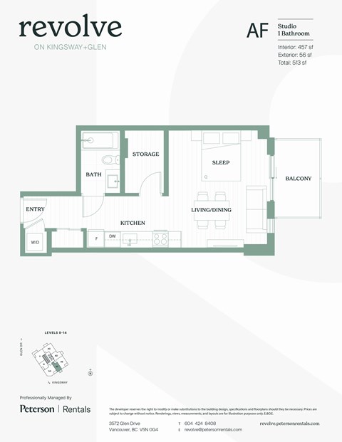 A floor plan for an apartment in the Revolve ON Kingsway + Glen development.