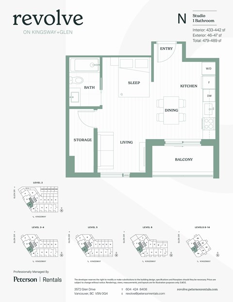 A floor plan for a studio apartment on Kingsway + Glen shows the layout of the rooms.