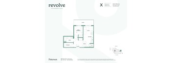 A floor plan for a property named Revolve on Kingsway+Glen shows a living area, a kitchen, a dining area, a bathroom, a bedroom, and storage.