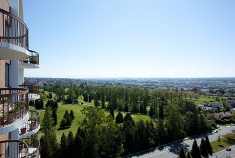 A balcony overlooks a green valley.