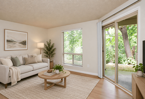 A living room with a couch, a coffee table, and a painting on the wall.