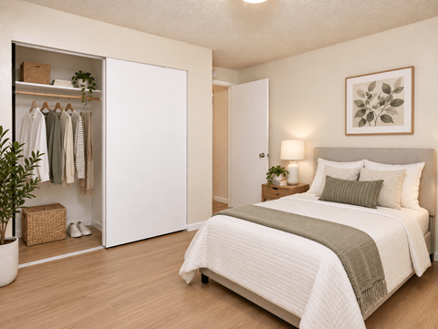 A bedroom with a large bed and a closet with clothes hanging.