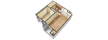 3d floorplan of a 1-bedroom 1-bathroom unit