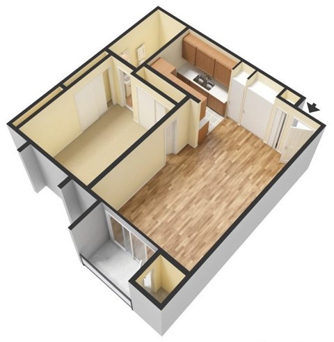 3d floorplan of a 1-bedroom 1-bathroom unit